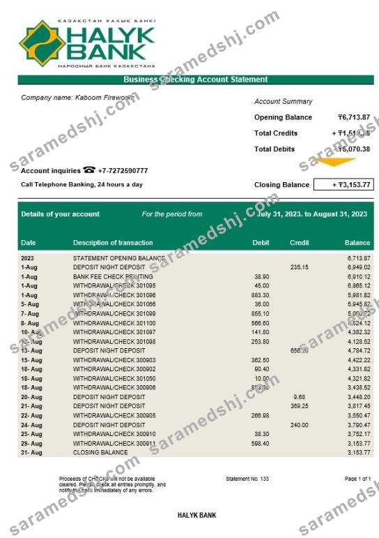 Halyk Bank organization account statement Word and PDF template